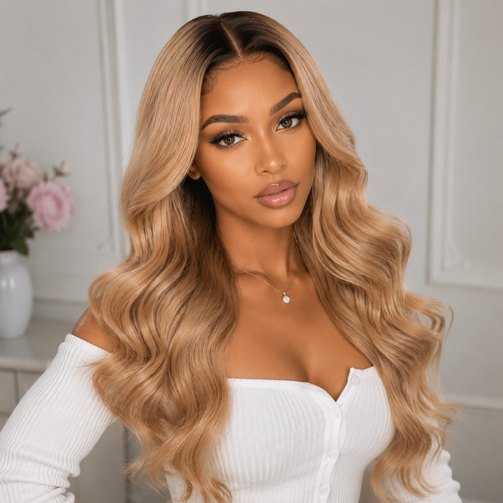Lumiere 200% Density Body Wave Root4/Ash Blonde 13x4 Lace Front Wig Human Hair Wigs（Natural #1B Colored）