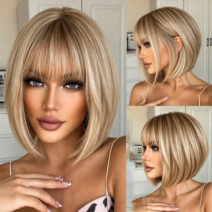 Straight Hair #M4/60 Color Short Bob Wigs With Bangs Full Machine Made Wig for Women  No Lace Bob Wigs