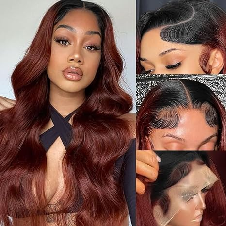 Reddish Brown T1b/33 Colored 13x4 Lace Front Wigs Human Hair Body Wave Wig 28 Inch Dark Roots Pre Plucked 180% Density