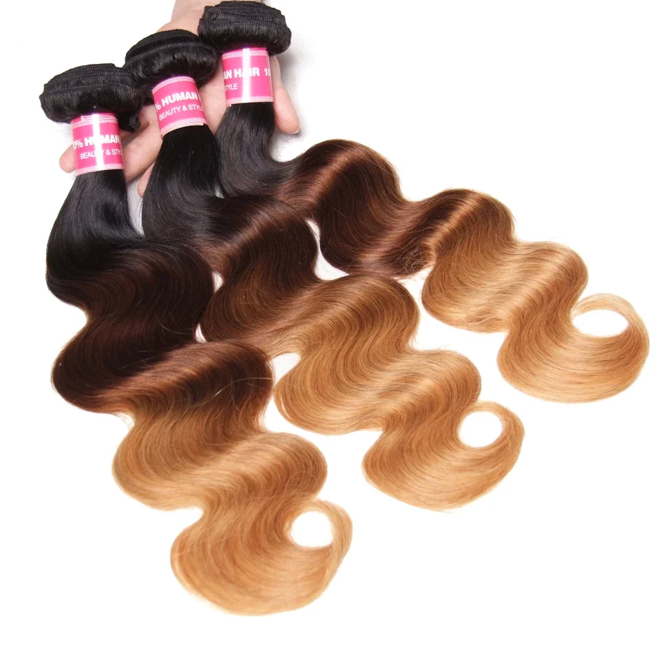 #T1B/4/27 Ombre Color Body Wave 3 Bundles with 5x5/6x6 Closure Human Virgin Hair Weave Double Weft Hair Extensions