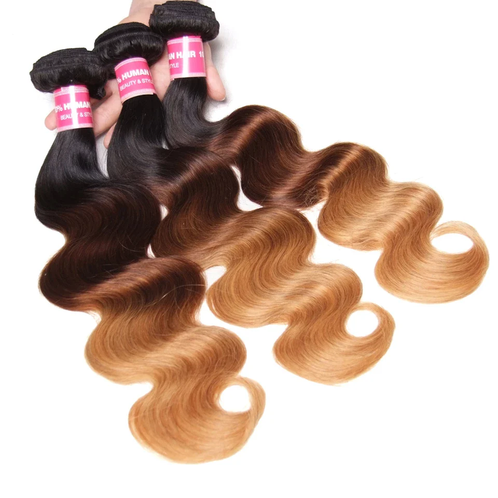#T1B/4/27 Ombre Color Body Wave 3 Bundles with 5x5/6x6 Closure Human Virgin Hair Weave Double Weft Hair Extensions
