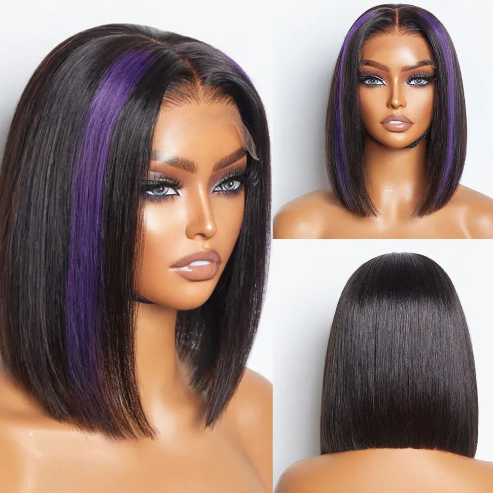 Lumiere Highlight Purple Colored HD Glueless Lace Front Human Hair Straight Short Bob Wigs  For Black Women HDZ