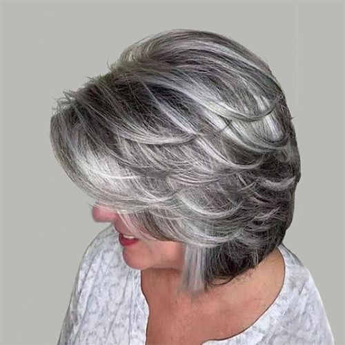 Silver Gray Wavy Short Wig Salt And Pepper 8 Inch Human Wigs Full Machine for Women