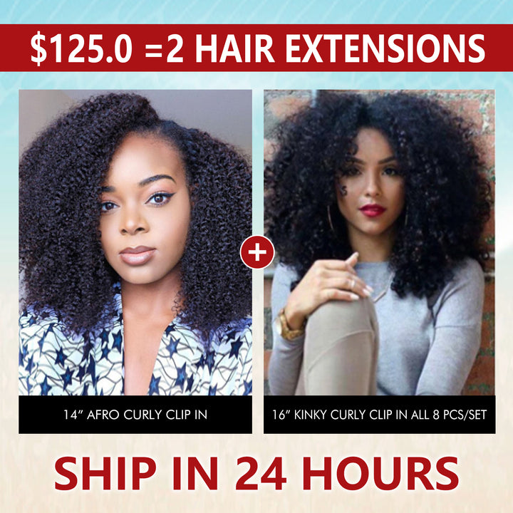 Big Sale: $135.25=14" Afro Curly + 16" Kinky Curly Clip In 8 Pcs/Set Hairs