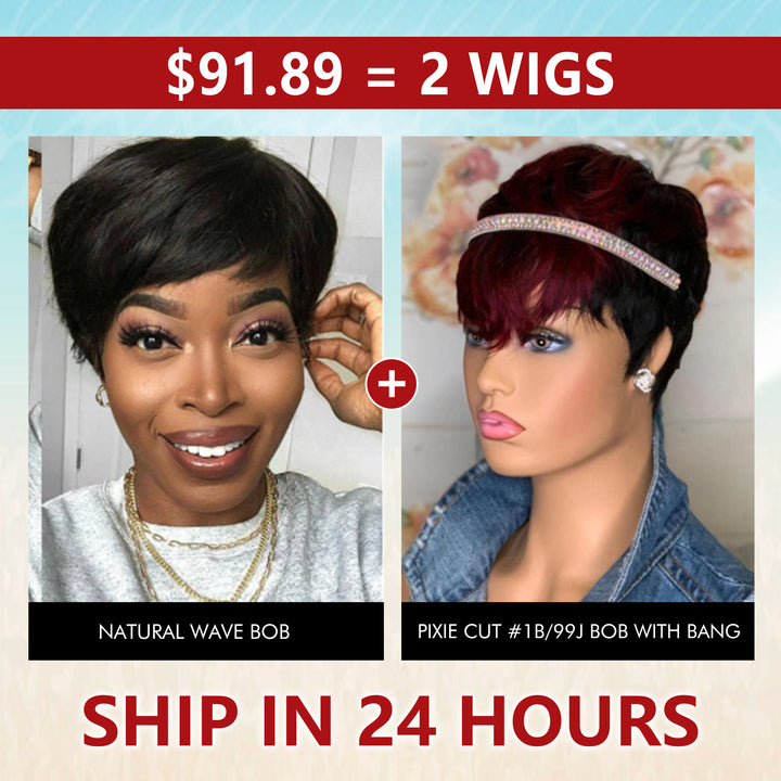 Big Sale：$ 91.89=Pixie Cut Natural Wave Bob Wig+1B/99J Short Straight Bob Wig
