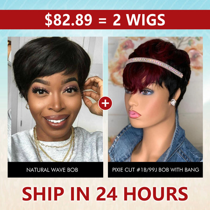 Big Sale：$ 91.89=Pixie Cut Natural Wave Bob Wig+1B/99J Short Straight Bob Wig