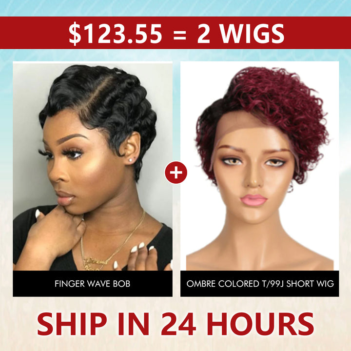 Big Sale：$ 135.55= T part 13X1X4 Lace Short Bob Pixie Cut Wig:Natural Color+T/99J Color