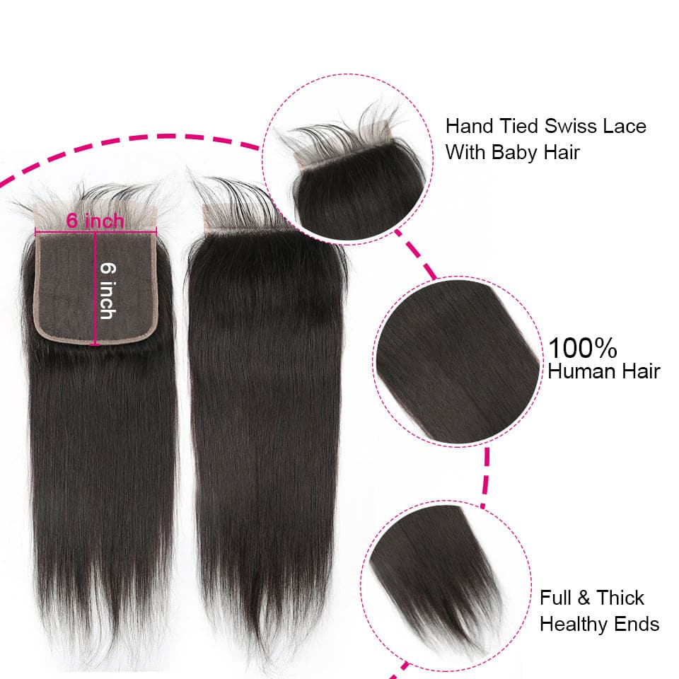 Straight 3 Bundles With Closure 6x6 lace 100% virgin human hair