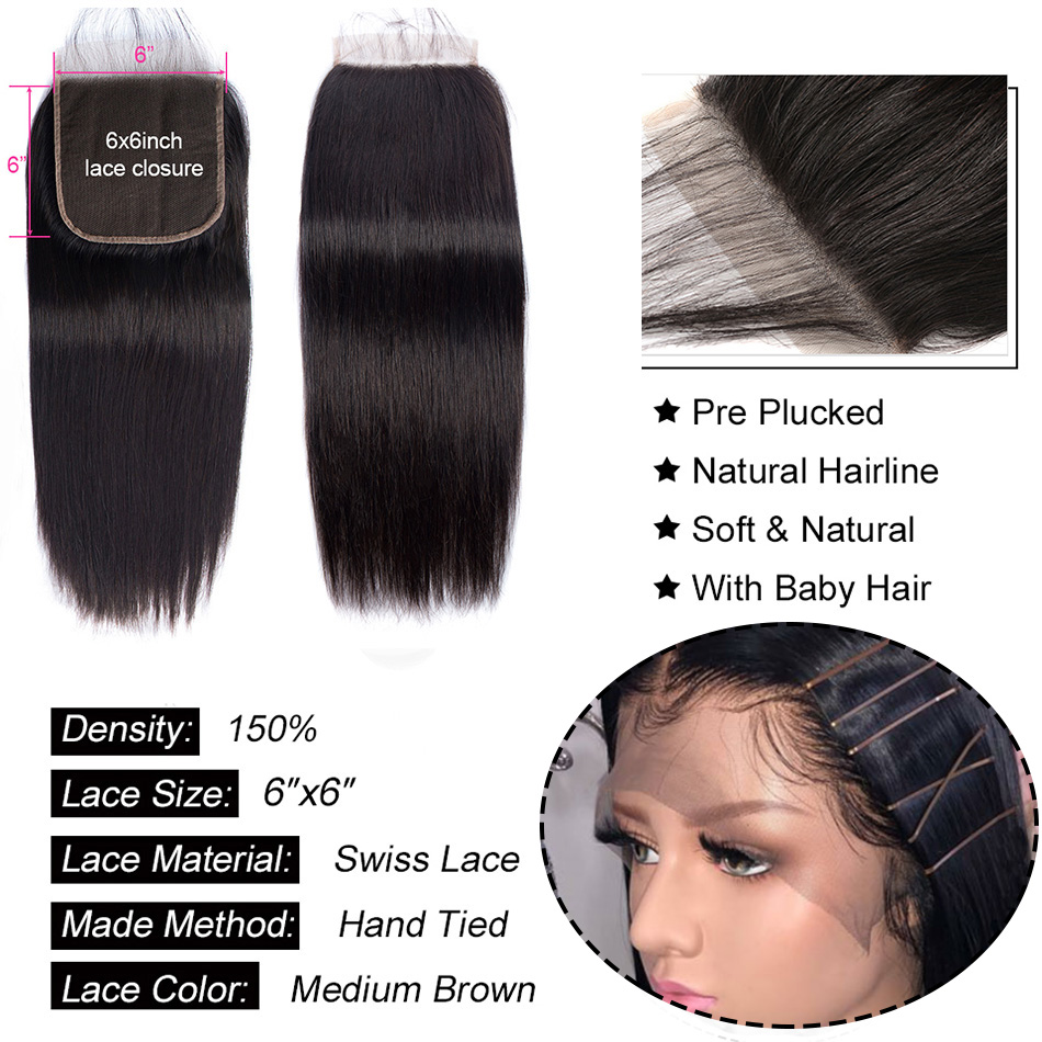 Straight 3 Bundles With Closure 6x6 lace 100% virgin human hair