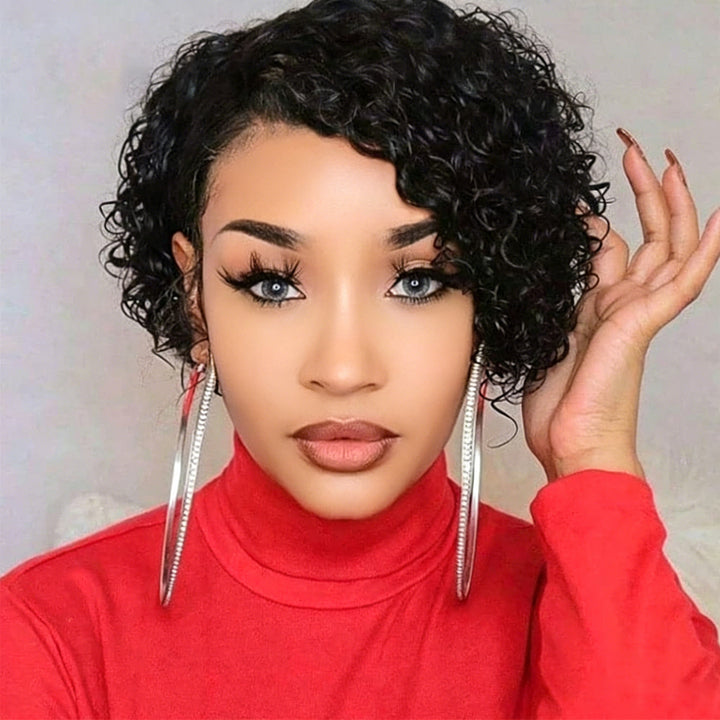 # 1B Curly Short Bob Full Machine Made None Lace Wig Avec Bangs Virgin Human Hair 