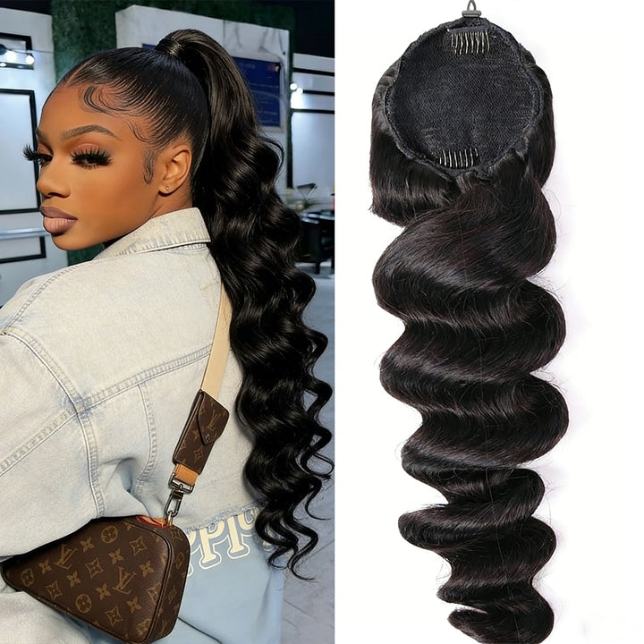 Cheveux humains d'extension de queue de cheval de cordon de vague lâche pour les femmes noires 