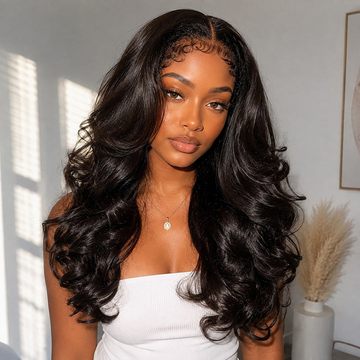 Glueless 4C Curly Edges 13x4 Lace Frontal Wigs Body Wave With Realistic Type Hairline