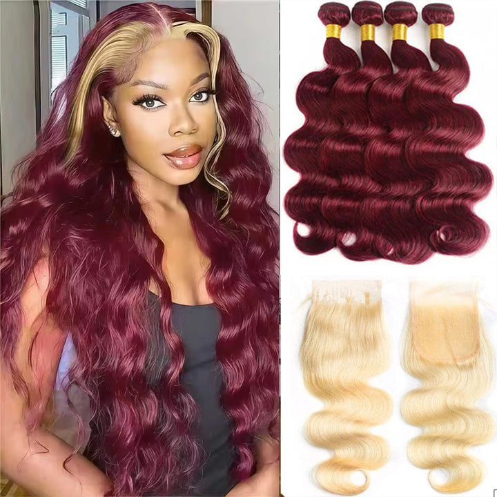 Body Wave 99j 4 Bundles with #613 4x4 HD Lace Closure Burgundy Hair Bundle with Blond HD Lace Closure Human Hair Extensation