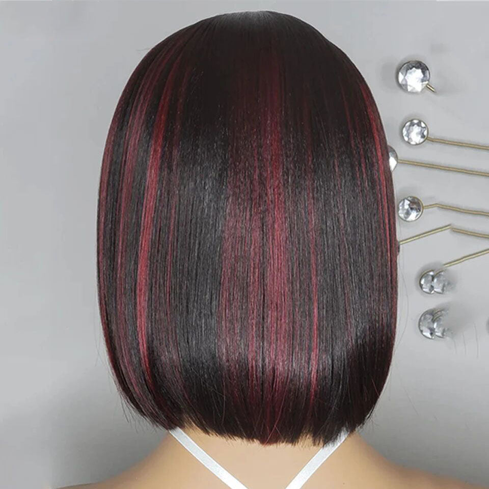 Lumiere Highlight Blue & Highlight Red 13x4 Lace Front Straight Bob Wig Human Hair Transparent Lace Frontal Wigs  For Black Women HDZ