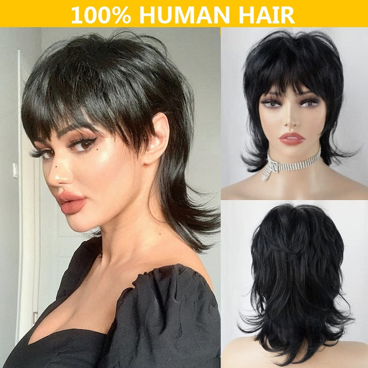 New Pixie Cut #99J #1B #30 Human hair Swallow-tailed Wig No Lace front Full Machine Wig Short shaggy Layered Wigs For Party Cosplay Use