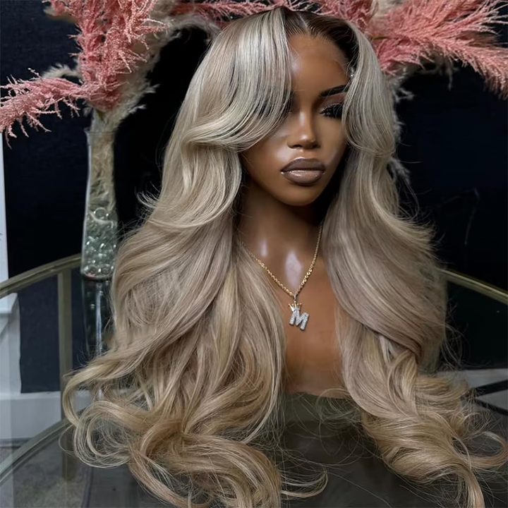 Gray Blonde With Root 4 Brown Lace Front Body/Straight Wave Human Hair Wigs  Root4/Gray Blonde Silky Human Hair Wig 200% Density