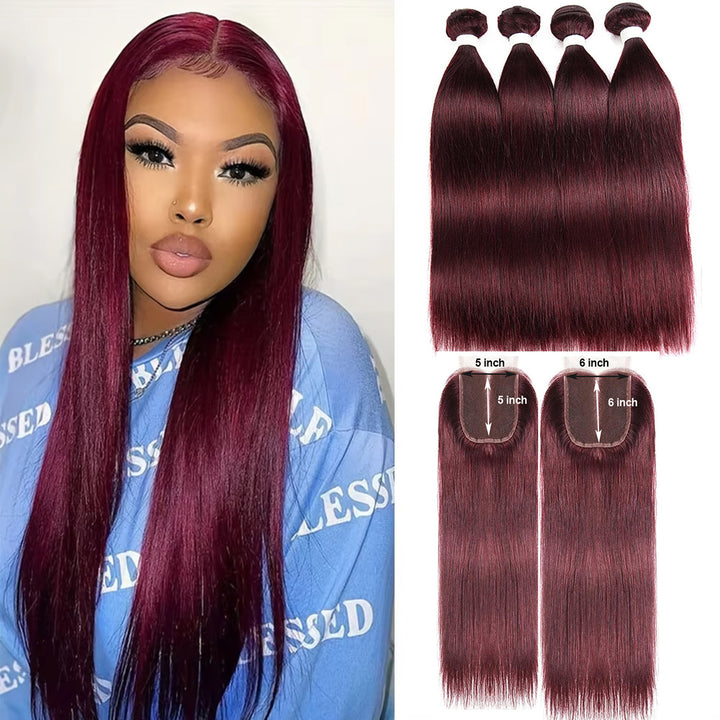 100% Human Hair 99J Straight 4 Bundles with 5x5/6x6 Closure Vietnamese Hair Weaving Burgundy 3Pcs Bundles with Lace Closure Raw Human Hair