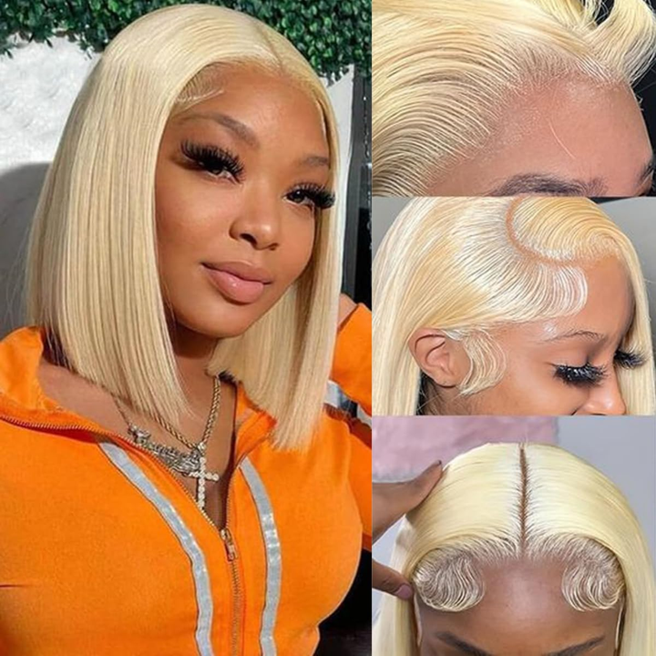 613 Blonde Short Bob Wig Straight Human Hair Transparent 13x4 Lace Frontal Wigs | Lumiere