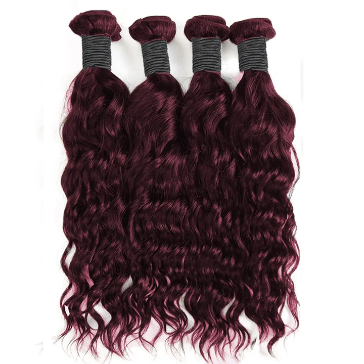 Red Bundles #99j water Wave 4 Bundles with 13x4 Frontal with transparent lace