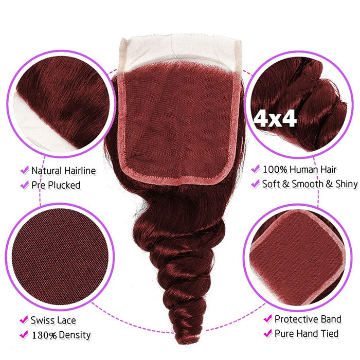 #99j Loose Wave 4 Bundles With 4X4 Lace Human Hair