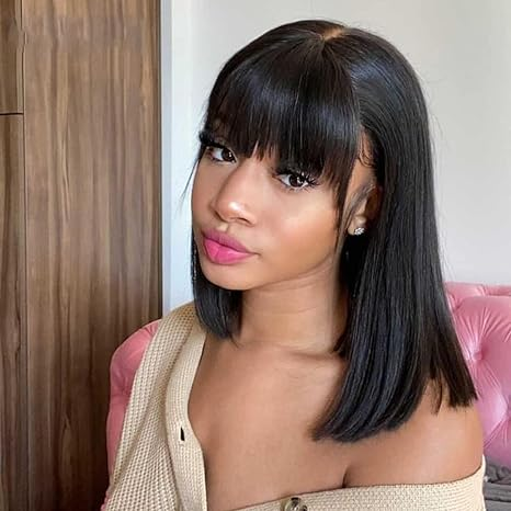 Lumiere A1 Customized 14 Inch Short Straight Bob Wig Full Machine Made None Lace Wigs With Bang
