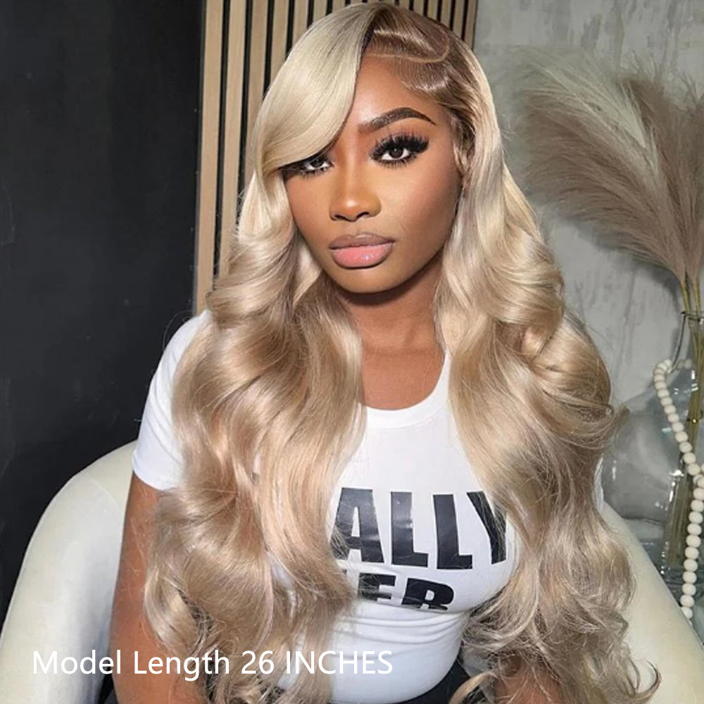 Gray Ash Blonde With Root 4 Brown Lace Front Body Wave/Straight Human Hair Wigs  Root4/Gray Blonde Silky Human Hair Wig 200% Density