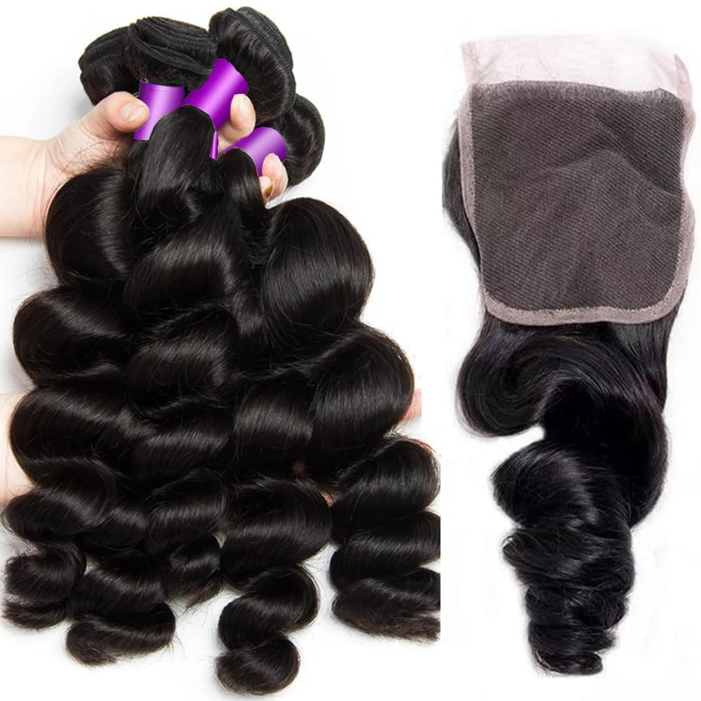(B2)  4 Bundles Loose Wave With 4x4 Lace Closure Brazilian Hair Wave Bundles With Closure Natural Human Hair