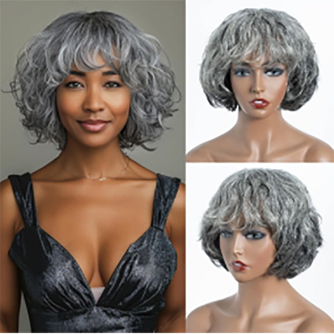 Brazilian Salt And Pepper Remy Hair Short Silver Gray  Bob Human Hair Wigs For  Women Remy Hair Bangs Wigs Full machine made wigs