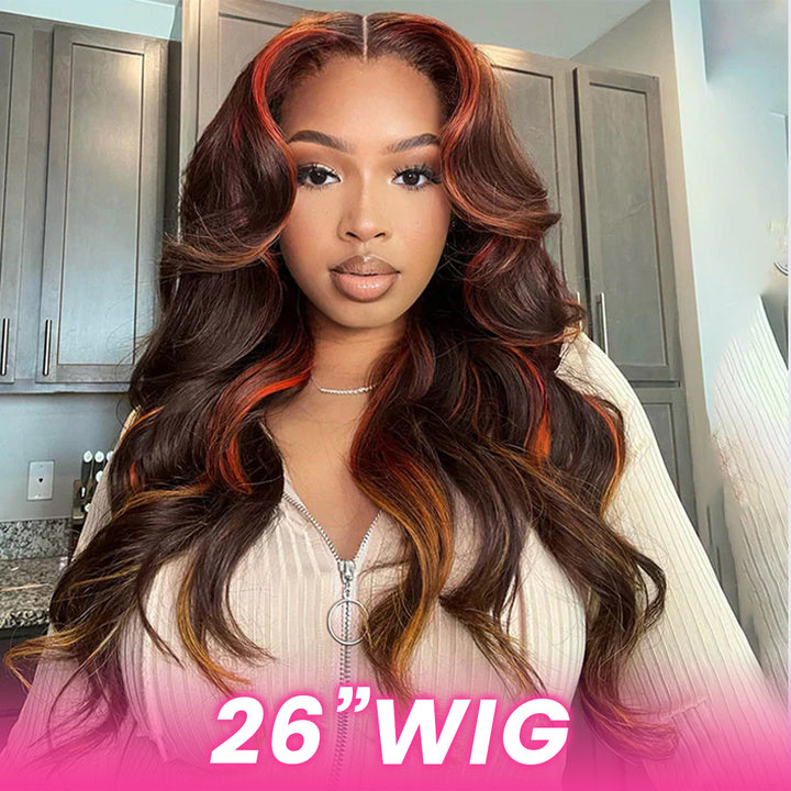 Lumiere Ginger Highlights Multi Colored Lace Front Body Wave Wig Brown with Mixed Orange Yellow Human Hair Wig