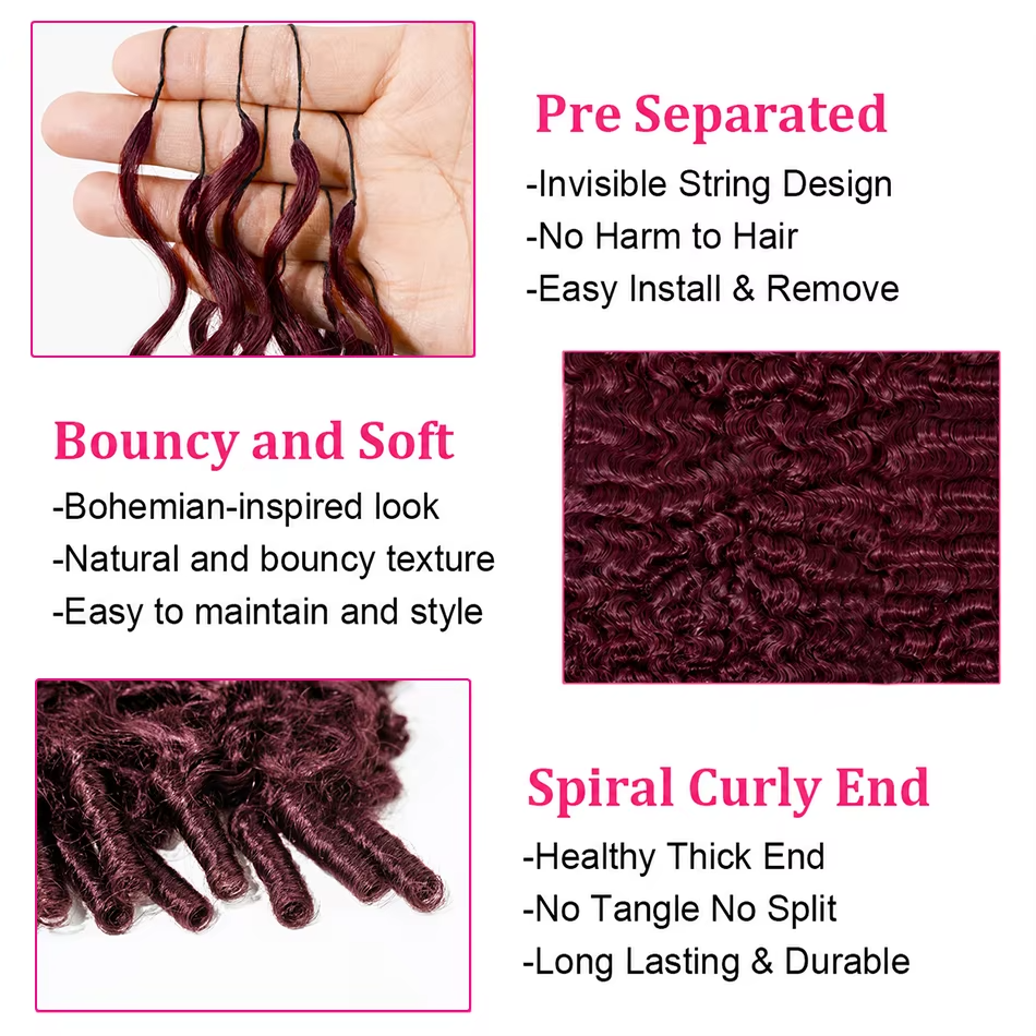 #99J Burgundy Human Hair Burmese Curly Feather Crochet Extensions  Miracle Knots Pre-Separated