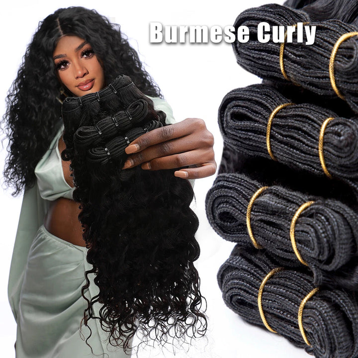 Lumiere Natural Black Burmese Curly 4 Bundles With 13x4 Lace Frontal Brazilian Virgin Hair