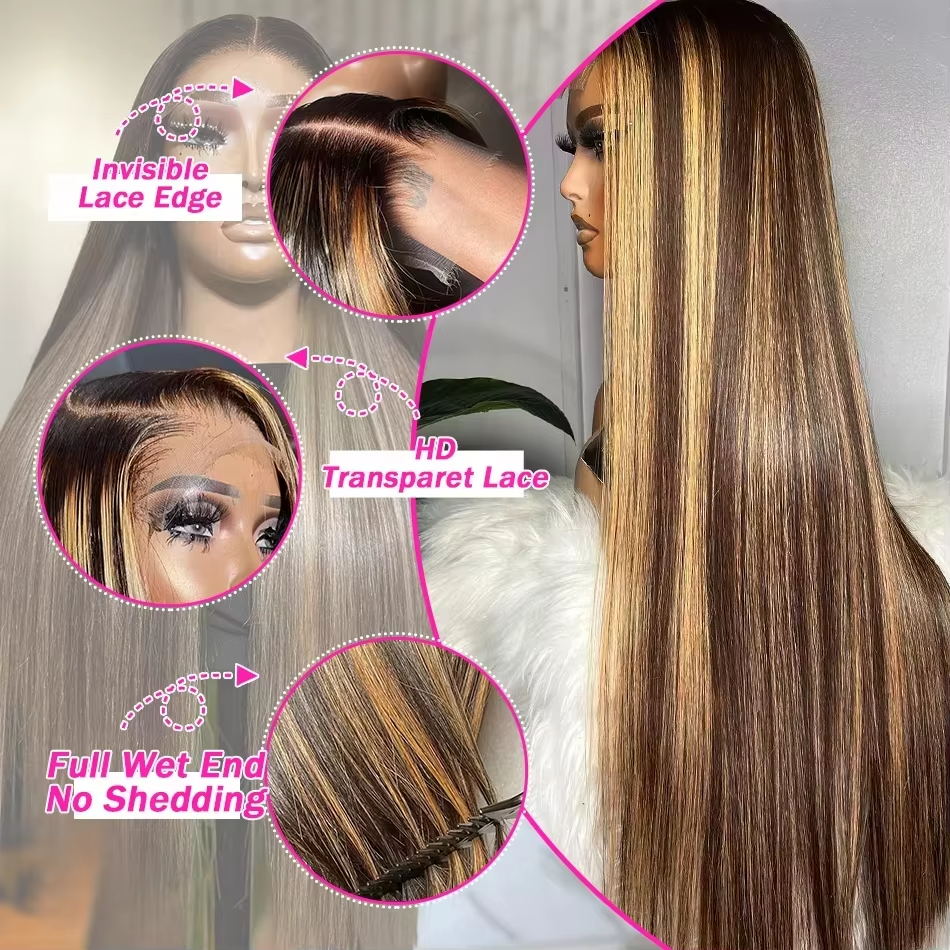 Lumiere Highlight P4/27 Honey Blonde Straight 13x4 HD lace frontal Wigs Human Hair With Baby Hair (No Code Need)