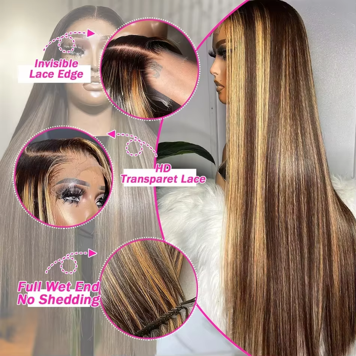 Lumiere Highlight P4/27 Honey Blonde Straight 13x4 HD lace frontal Wigs Human Hair With Baby Hair (No Code Need)