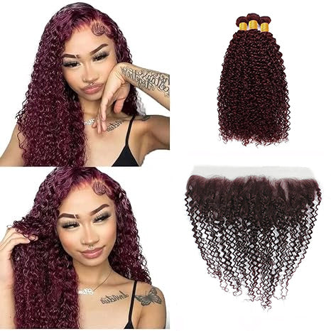 Red Bundles #99j Kinky Curly 3 Bundles With 13x4 Frontal Human Hair