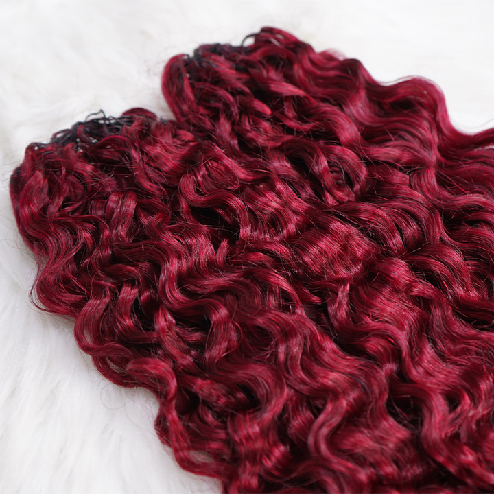 #99J Burgundy Human Hair Burmese Curly Feather Crochet Extensions  Miracle Knots Pre-Separated