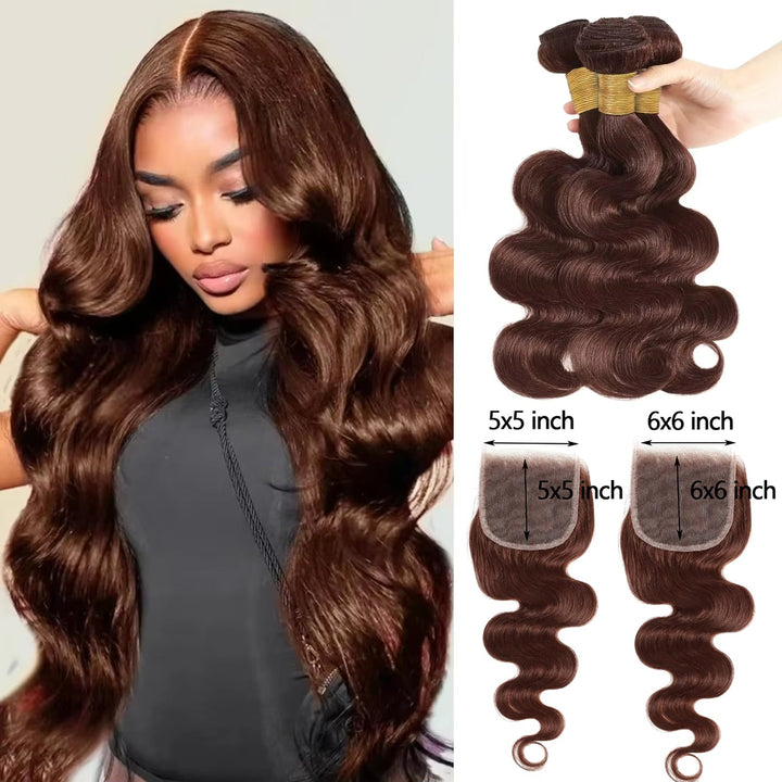 #4 Brown Body Wave 3 Bundles avec 4X4 Lace Closure 100% cheveux humains vierges 