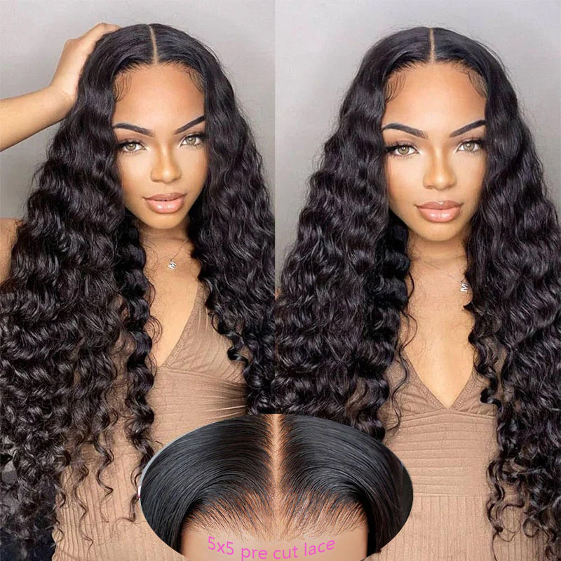 Lâche Deep Wave Lace Front/Fermeture sans colle pour les femmes noires Prelucked Human Hair 
