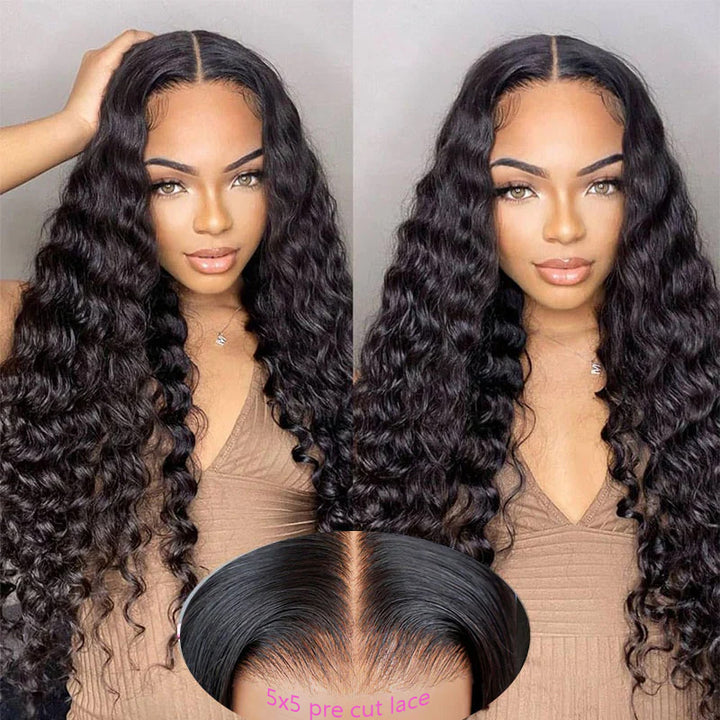 Lâche Deep Wave Lace Front/Fermeture sans colle pour les femmes noires Prelucked Human Hair 