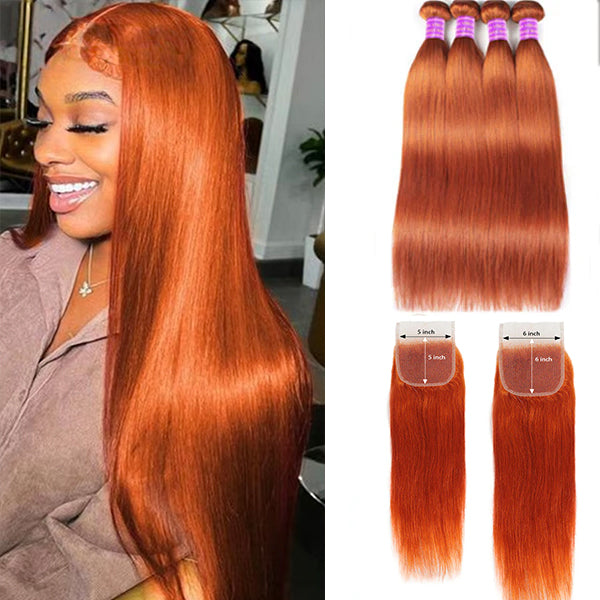#350 Ginger Orange Straight  100% Human Hair 4 Bundles With 5x5/6x6 Closure Brazilian Raw Virgin Hair Double Weft Bundle for Black Women
