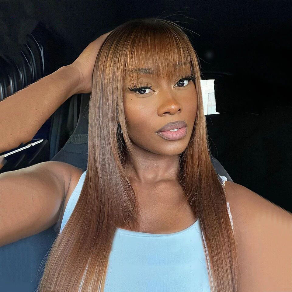 Lumiere Light Brown Straight 13x4 Transparent Lace Front 180% Density Human Hair Guleless Wigs With Bangs For Black Women HDZ