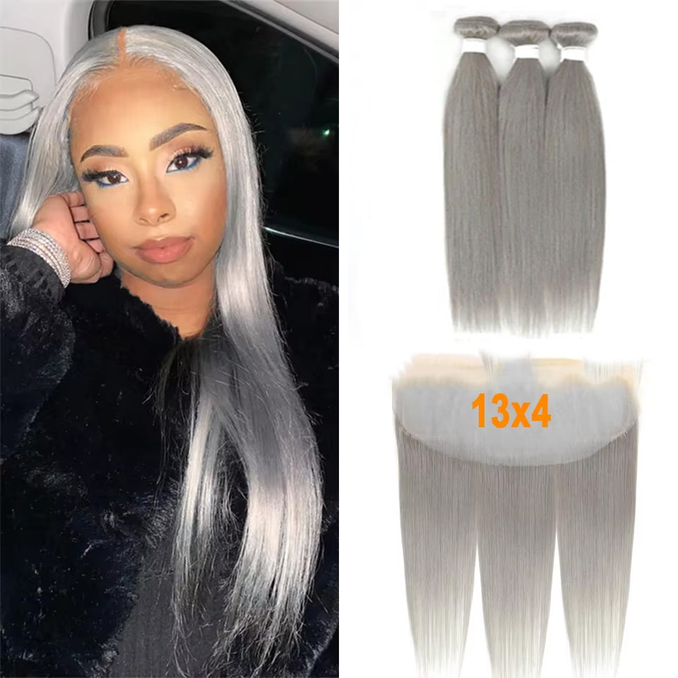 Silver Grey Straight 3 Bundles With 13x4 Lace Frontal Human Hair Extensions