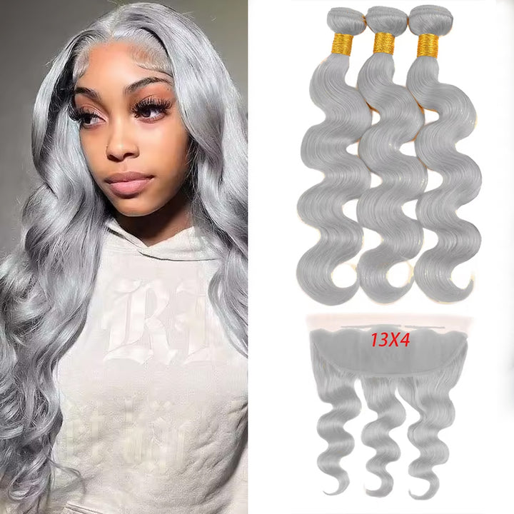 Silver Grey Body Wave 3 Bundles With 13x4 Lace Frontal Human Hair Extensions