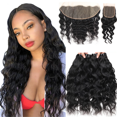 Natural Wave 4 Bundles With 13x4 Lace Frontal 100% Virgin Human Hair Bundles