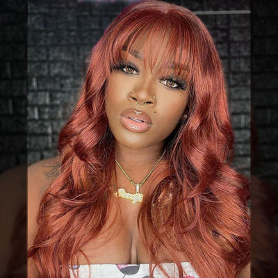 Lumiere Reddish Brown 13x4 Transparent Lace Frontal 180% Density Human Hair Wigs With Bangs For Black Women HDZ