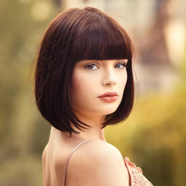 New Pixie Cut #4 Brown Straight Bob Wig 12 Inch Sweet Trendy Short Hair with Bangs No Lace Full Machine Wig