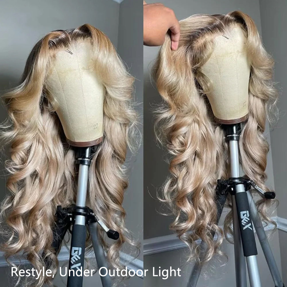 Gray Ash Blonde With Root 4 Brown Lace Front Body Wave/Straight Human Hair Wigs  Root4/Gray Blonde Silky Human Hair Wig 200% Density