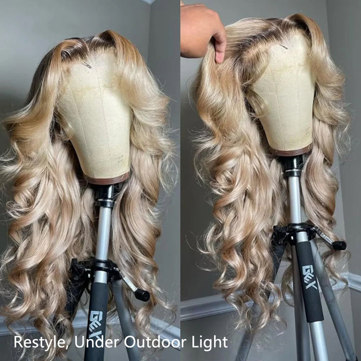 Gray Ash Blonde With Root 4 Brown Lace Front Body Wave/Straight Human Hair Wigs  Root4/Gray Blonde Silky Human Hair Wig 200% Density