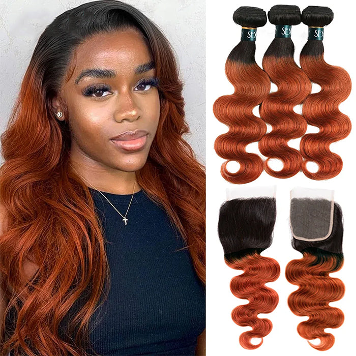1B/350 Orange Ombre Human Hair Body wave 3 Bundles With 4x4 Closure Free Part 2 Tone Ginger Hair Weave
