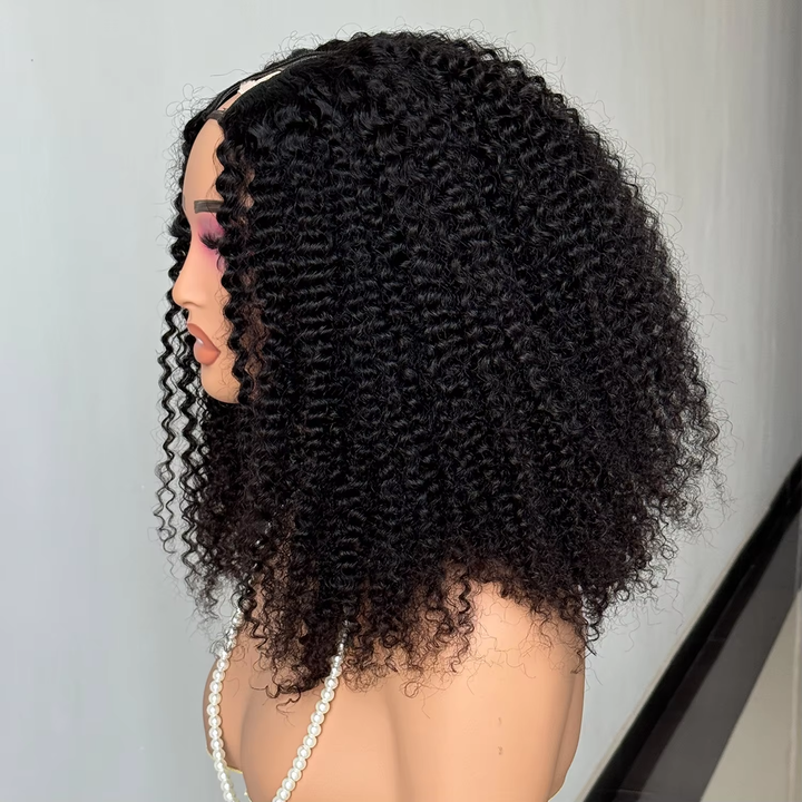 New V Part Kinky Curly No Leave Out Brazilian Remy Human Hair Wigs For Women