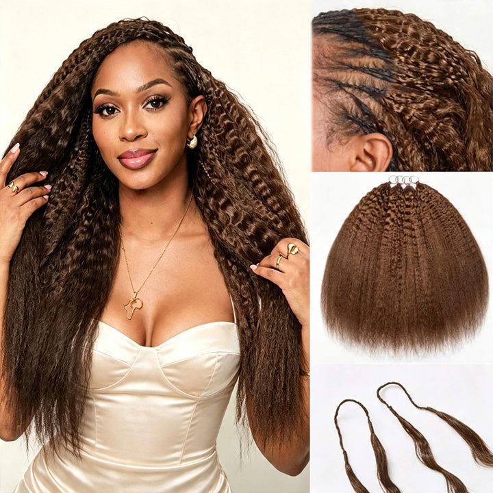 Yaki Straight #4 Brown Feather Crochet Micro Ring Loop Soft Human Hair Kinky Straight Extension For Black Women